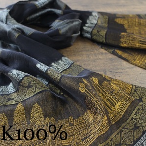 新品【シルク100% SILK】アンコールワット柄 ブラック 黒 BLACK ゴールド GOLD 金 スカーフ/ストール の画像1