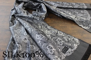  new shortage of stock hand [ silk 100% SILK]peiz Lee floral print metallic gray M.GRAY large size stole / scarf 
