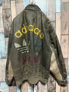 Vintage KOREA製 80s アディダス adidas レザージャケット 革ジャン 本革 トレフォイル ビッグロゴ ヴィンテージ 80's ビンテージ 当時モノ