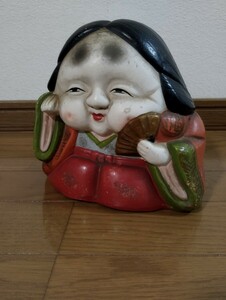 【寿】古作　お多福　貯金箱　約18㎝　郷土玩具　張子　民芸品　土人形　達磨　だるま