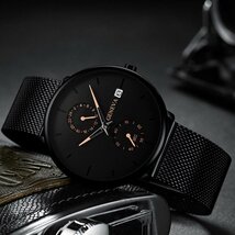 高級ファッションメンズミニマリスト腕時計超薄型黒ステンレススチールメッシュバンド腕時計メンズビジネスカジュアルアナログクォーツ時_画像2