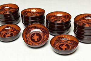 【蔵A3286e】木製溜塗蒔絵　木皿　菓子皿　二十客　10.8㎝