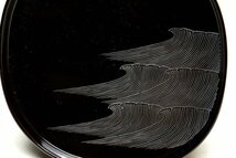 【蔵A3529】蒔絵師：長野横笛 作　木製黒塗銀蒔絵波文　吸物椀　五客　共箱　時代_画像3