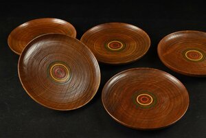 【蔵A3641】木製独楽塗　木皿　菓子皿　五客