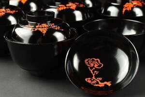 【蔵c8144b】木製漆器　箸洗　小吸物椀　黒塗蒔絵　十客　懐石道具