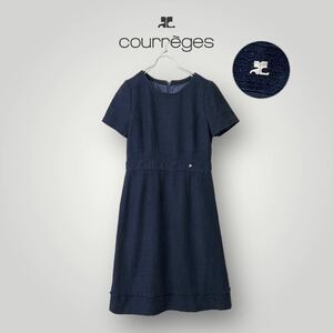 [良品] courreges クレージュ ワンピース リネン混 ネイビー 半袖 フォーマルドレス ラメ