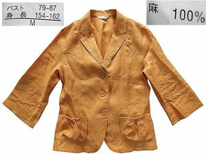 ＜ 婦人服 未使用品＞ 七分袖 ジャケット　ブレザー　M 　橙系 　オレンジ系 　ダークオレンジ 　麻100% 　（ 注意点あり） No.A660 ◆::