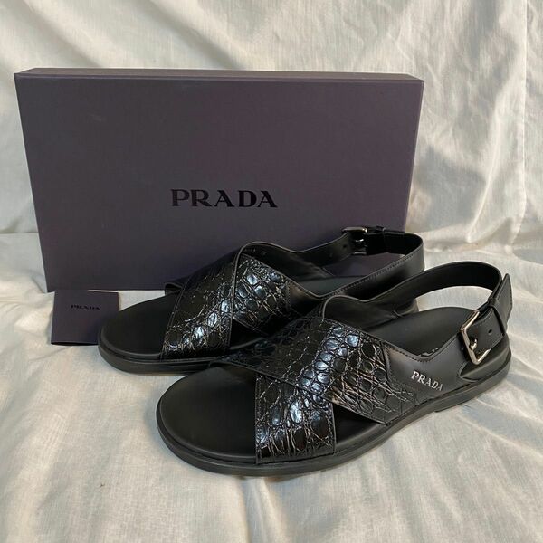 新品 本物 正規品 PRADA メンズ レザー サンダル クロコ ストラップ 黒 本革