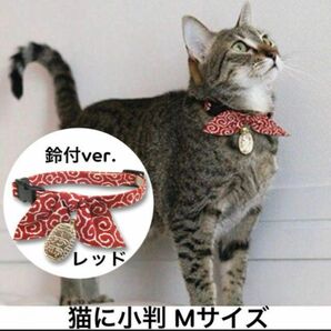 猫首輪　猫に小判　首輪　可愛い　Mサイズ 唐草模様 小判チャーム レッド 鈴付