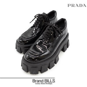 美品 PRADA プラダ モノリス シューズ ローファー 1E708L レースアップ パテントレザー エナメル ブラック 36 1/2 23.5cm 厚底