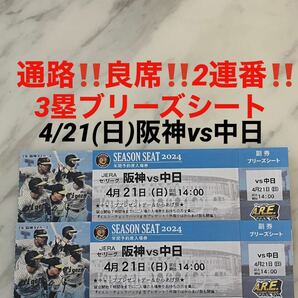 通路側！良席！2連番！4/21(日)阪神vs中日★3塁ブリーズシート 甲子園球場★の画像1