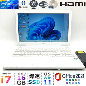 美品☆ハイエンドi7【メモリ16GB+爆速新品SSD/Core i7-6700HQ】富士通 AH50/X☆Windows11 ノートパソコン/Office2021/バッテリー交換済