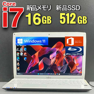 Windows11Pro☆極速i7☆【新品メモリ16GB+爆速新品SSD512GB/Core i7-3.20GHz】人気富士通ノートパソコン/Office2019 H&B/Blu-ray/Bluetooth