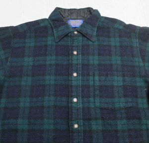 ULS56ペンドルトンPENDLETONアメリカ古着アメリカ製ウールシャツ80'sビンテージ緑系X紺系チェックシャツ長袖シャツLオールド＆レトロ