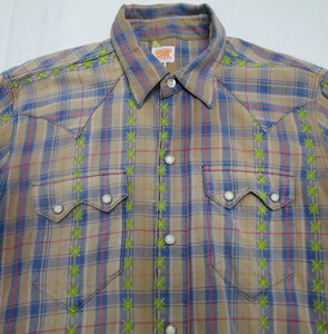 ULS41シュガーケーンsugar cane青ｘ緑系他チェックシャツ織りネルシャツmウエスタンシャツ刺繍デザイン オールドスタイル