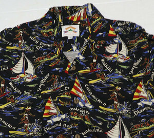 SS34パイナップルジュースPINEAPPLE JUICEアメリカ古着アメリカ製ハワイ製アロハシャツ総柄Lオープンシャツ半袖シャツ黒レーヨンシャツ