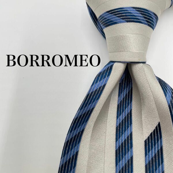 【美品】BORROMEO ボロメオ ネクタイ　シルク　絹　ホワイト　シルバー　ブルー　イエロー　