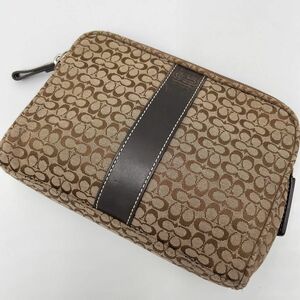 【美品】 コーチ COACH ポーチ キャンバス シグネチャー　ブラウン　ベージュ　茶色