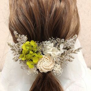プラチナホワイト髪飾り　成人式　前撮り　結婚式　ヘッドドレス　ドライフラワー