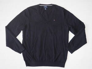 ☆送料無料☆ TOMMY HILFIGER トミーヒルフィガー USA直輸入 古着 Vネック ピマコットン混 ニット セーター メンズ XL ブラック 中古 即決