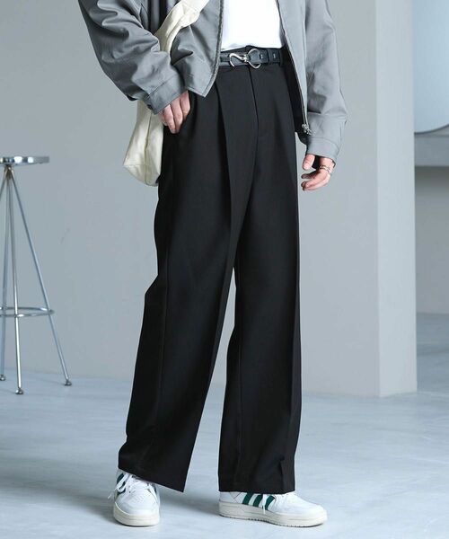 【新品】EMMA CLOTHES TRストレッチスーツ地 ストレート 1タック センタープレスイージーカラーワイドパンツ ブラック