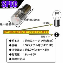 1球 SUZUKI GSX-R750 (1996～1998) S25ダブル球 ( BAY15D ) LED ブレーキランプ テールランプ ストップランプ ブレーキ球 赤 レッド_画像4