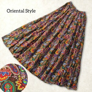37 【Oriental Style】 ペイズリー 総柄 カラフル フレア ロングスカート 茶色 ブラウン 派手 個性的 アジアン オリエンタルスタイル