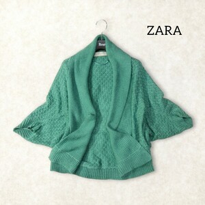 28 【ZARA KNIT】 ザラ ゆったり ドルマンスリーブ ニット カーディガン M グリーン 緑 ショールカラー 羽織り 春夏 透け感 レディース