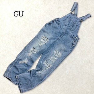 37 【GU】 ジーユー デニム オーバーオール サロペット サロペットパンツ ボトムス Мサイズ クラッシュ ダメージ加工 レディース