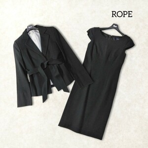 23 [ROPE] Rope silk ensemble suit skirt suit 7 number S size navy belt formal business knees height set lady's 