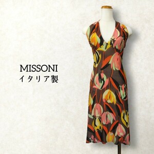 9 【MISSONI】 ミッソーニ カラフル 花柄 ホルターネック ワンピース 42 М L チューリップ 総柄 フラワー 膝丈 ひざ丈 タイト フレア 夏