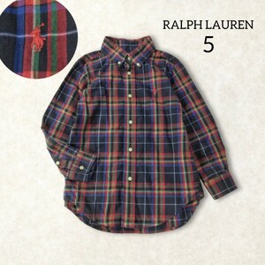 37 【RALPH LAUREN】 ラルフローレン チェック 長袖 ボタンダウン シャツ 5 110 60 ネイビー レッド グリーン ロゴ 男の子 キッズ 子供用