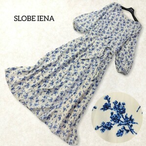 31 【SLOBE IENA】 スローブイエナ 花柄 フラワー ロングワンピース 白 ホワイト 青 ブルー 総柄 ベルト フレア Aライン 春夏 ラップワンピ