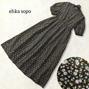 36 【ehka sopo】 エヘカソポ 花柄 ロングワンピース 黒 ブラック 小花柄 フラワー 半袖 パフスリーブ バンドカラー 春夏 フレア 総柄 薄手