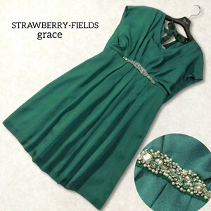 37 【STRAWBERRY-FIELDS grace】 ストロベリーフィールズグレース ビジュー ドレス ワンピース 緑 グリーン 膝丈 結婚式 2次会 パーティー