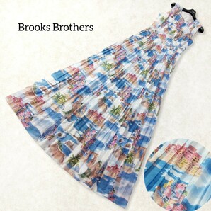 32 【Brooks Brothers】 ブルックスブラザーズ 総柄 ロングワンピース 0 マキシ リゾート ノースリーブ ブルー 青 街 絵画 海 フレア 夏