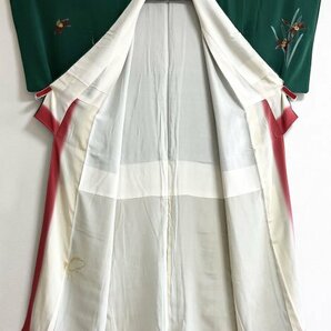 KIRUKIRU セミアンティーク 着物 付下げ 錦紗 正絹 身丈約154cm 深緑地に手描きのカトレアのような洋花柄 モダン レトロ 着付け 和装の画像3