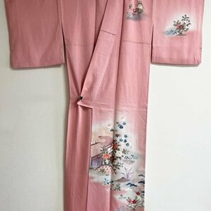 KIRUKIRU リサイクル 付下げ 正絹 着物 染 身丈165cm 淡いピンク地に椿など和花 茶屋辻柄 和柄 上品 着付 和装の画像5