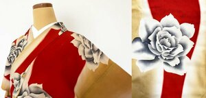 KIRUKIRU antique kimono . silk length 147. beige × red rose ... pattern retro Taisho romance casual fine pattern remake raw materials material 