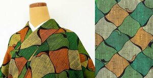 KIRUKIRU recycle kimono wool length 156. yellow green × orange × green .. pattern upbringing attaching modern retro fine pattern dressing Japanese clothes casual 