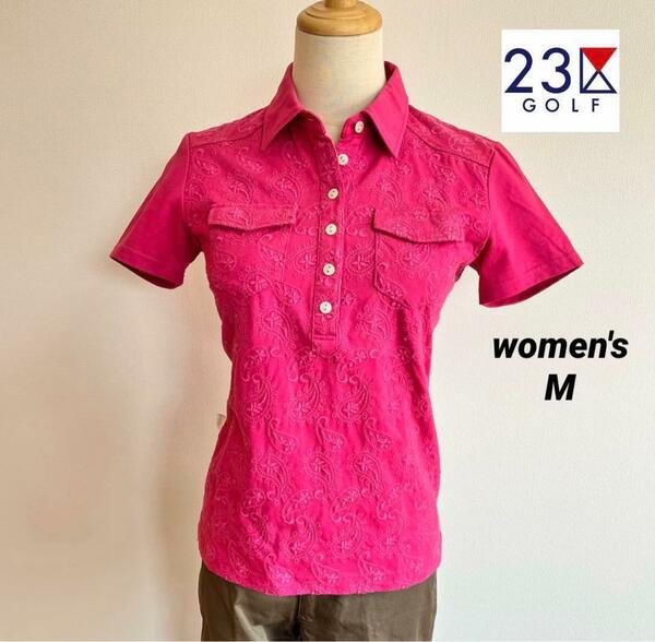 23区ゴルフ　レディース　ゴルフウェア　刺繍　半袖ポロシャツ　ピンク系　M
