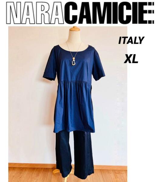 NARACAMICIE ナラカミーチェ　イタリア製　ぺプラム　ギャザー　半袖チュニック　紺色　XL