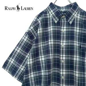 NC823ね@ Ralph Lauren 90s ボタンダウンシャツ チェックシャツ 半袖 XLサイズ オーバーサイズ　 0.5