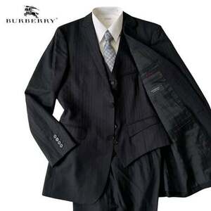 NC869さ@ BURBERRY BLACK LABEL スーツ セットアップ スリーピース ジャケット ベスト パンツ シャドーストライプ ブラック 黒