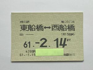 【希少品セール】国鉄 定期券 (東船橋→西船橋) 東船橋駅発行 35736