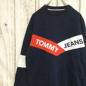 【トミージーンズ ビッグロゴ長袖スウェット】 ロゴ刺繍 トレーナー M ネイビー Tommy Jeans 古着 [240126-029]