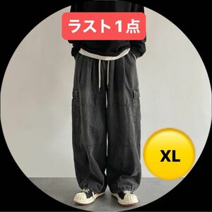 ラスト1点　デニムカーゴパンツ　ワイドパンツ　ユニセックス　ストリート　ブラック【XL】