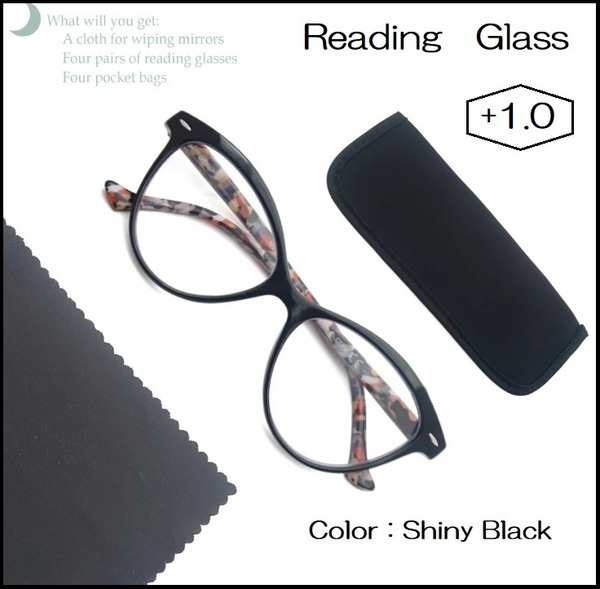 ■新品■老眼鏡【度数+1.0】【キャッツアイ】Shiny ブラック　シニアグラス　【ケース・めがね拭き付き】ユニセックス　リーディンググラス