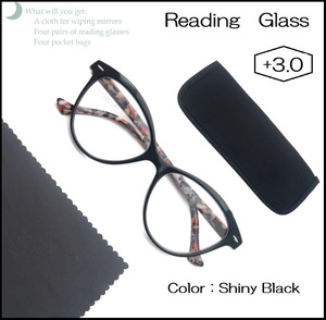 ■新品■老眼鏡【度数+3.0】【キャッツアイ】Shiny ブラック　シニアグラス　【ケース・めがね拭き付き】ユニセックス　リーディンググラス
