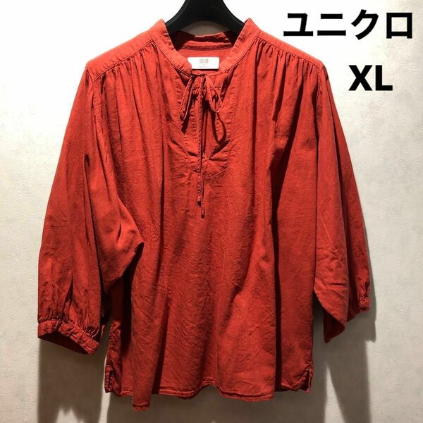 ユニクロ　リネンブレンドギャザーブラウス(七分袖)XL 